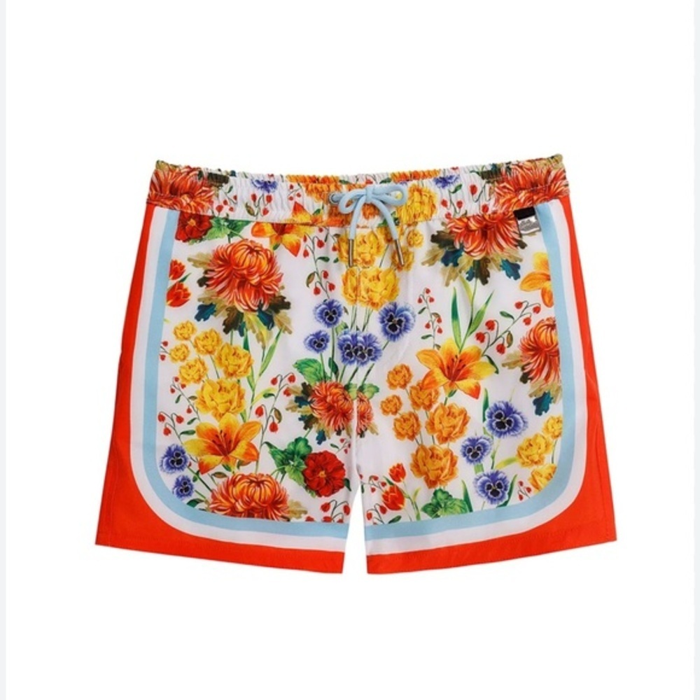 Agua Bendita Floral Swim Shorts with Orange Trim